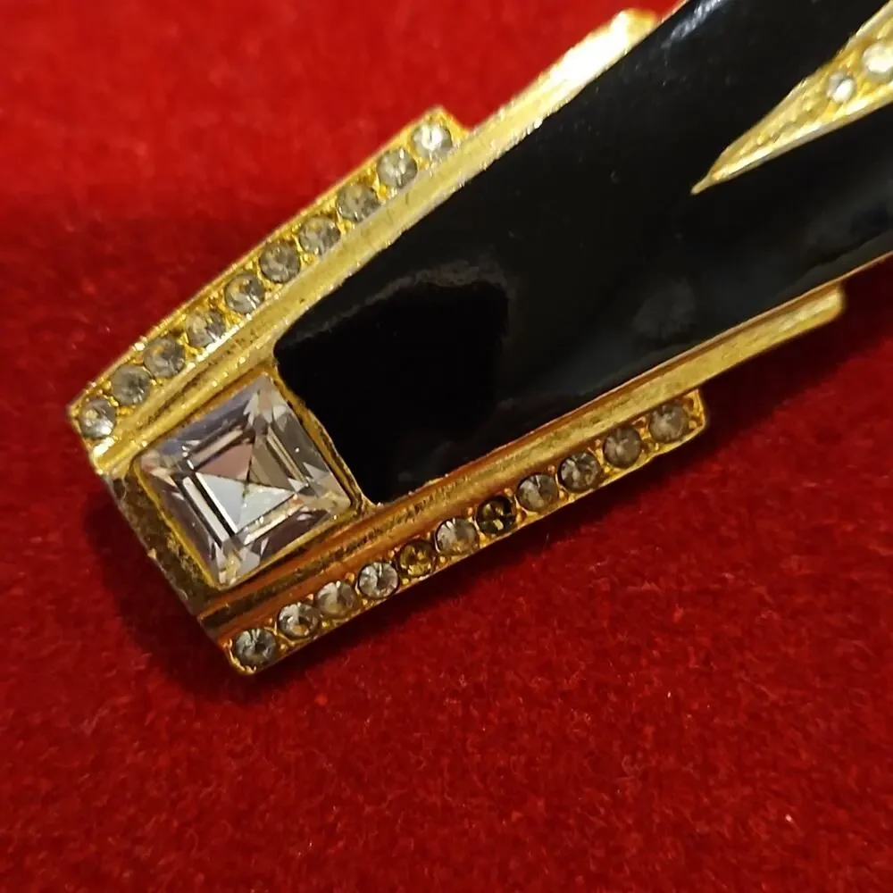Vintage Art Deco Style Black Enamel and Rhinestone Pin